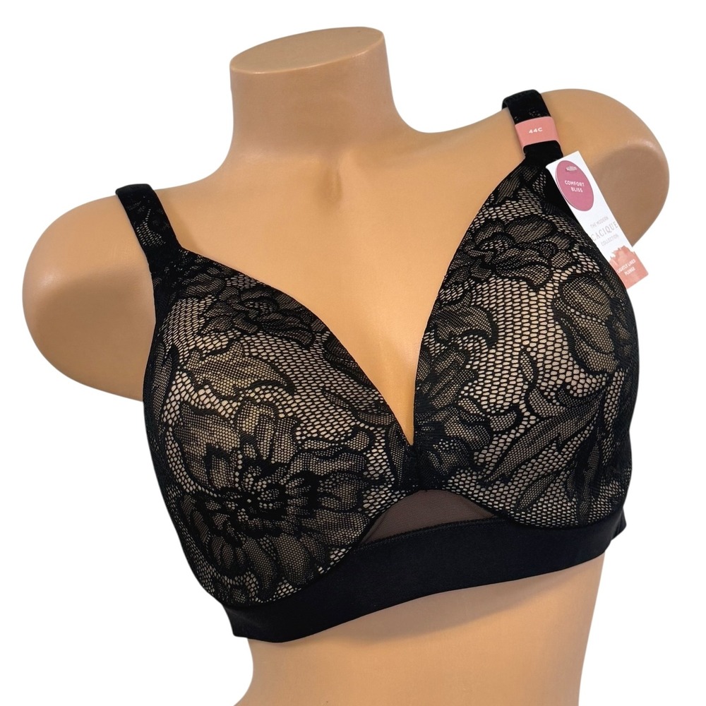 Cacique Womens Size 44C Modern Bliss Comfort Lightly Lined Plunge Bra Black Lace